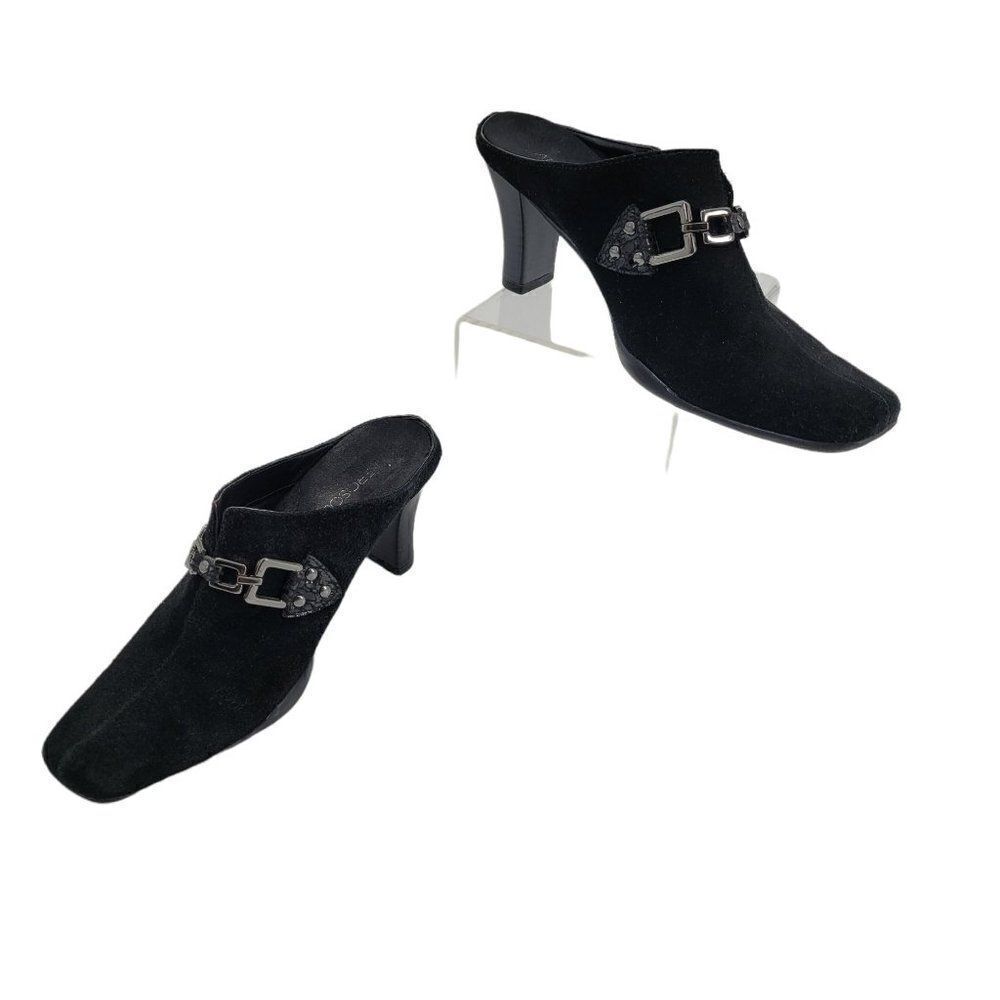Aerosoles Womens Mules Cintral Station Leather Black Gunmetal Chain‎ Bit Sz 7.5